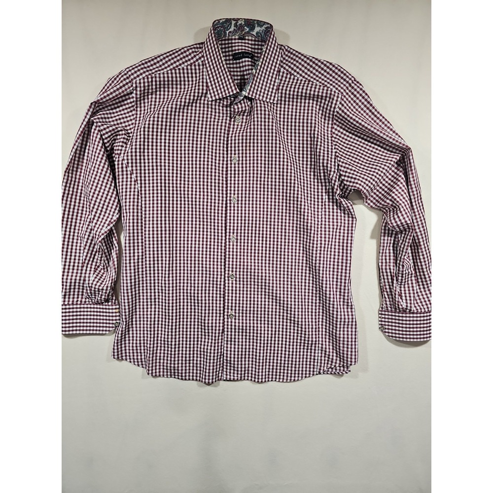 Jared Lang Mens XXL Button Down Shirt Burgundy White Gingham Paisley...